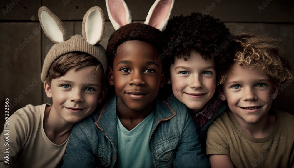 Easter Joy Multiracial Kids Boys Dressed Up Bunny Ears Smiling Celebrating Holiday with Joy, Happiness generative AI