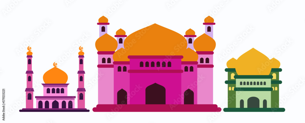 mosque illustration collection, ramadan kareem, in flat 2d style. perfect for design greeting cards, infographics, posters, diagrams. ramadan celebration.