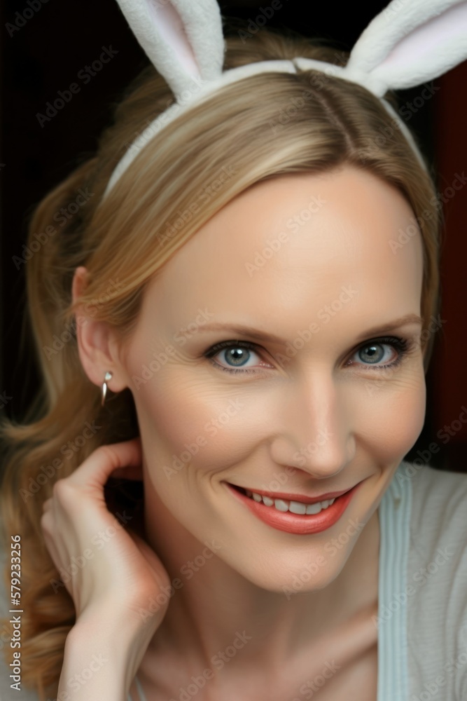 Easter Joy Caucasian White Woman Dressed Up Bunny Ears Smiling Celebrating Holiday with Joy, Happiness generative AI Easter Joy Caucasian White Woman Dressed Up Bunny Ears Smiling Celebrating Holiday with Joy, Happiness generative AI