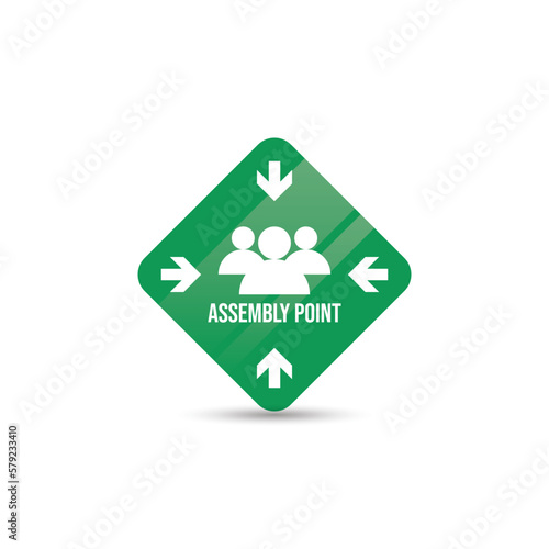 Assembly point evacuation route green placard fire emergency meeting area sign vector design illustration