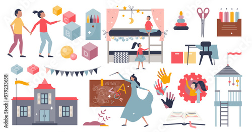 Kindergarten set with child playing and nursery center tiny person collection, transparent background. Elements for childhood preschool lifestyle with children friends, classroom.