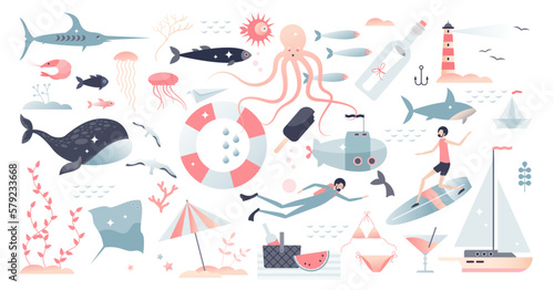Marine life, underwater wildlife, fauna and beach set tiny person concept, transparent background. Collection with swimming divers, animals, fishes and flora elements illustration.