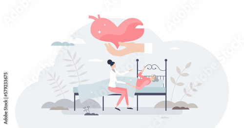 Palliative hospice care as senior medical help or support tiny person concept, transparent background.Healthcare for disabled elder people with near death or bedrest situation illustration.