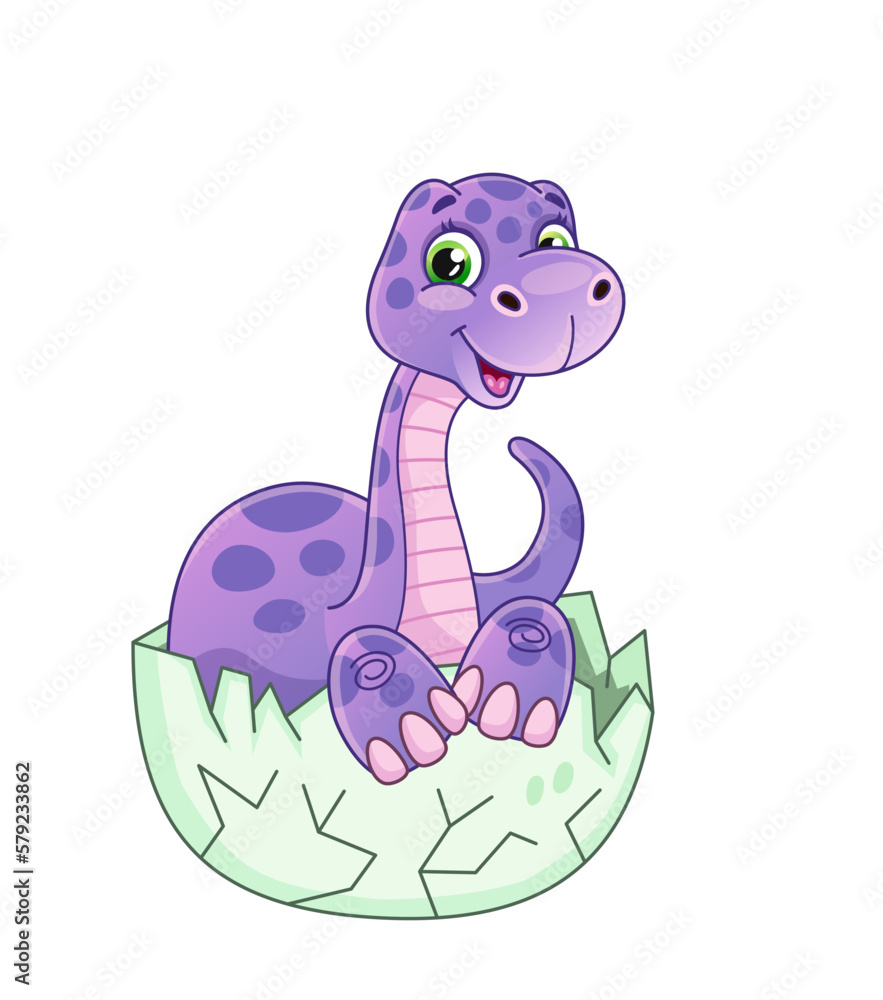 Cute doodle dinosaur. Colorful poster with smiling purple brontosaurus. Newborn dyno character. Design element for baby postcard. Cartoon flat vector illustration isolated on white background Cute doodle dinosaur. Colorful poster with smiling purple brontosaurus. Newborn dyno character. Design element for baby postcard. Cartoon flat vector illustration isolated on white background