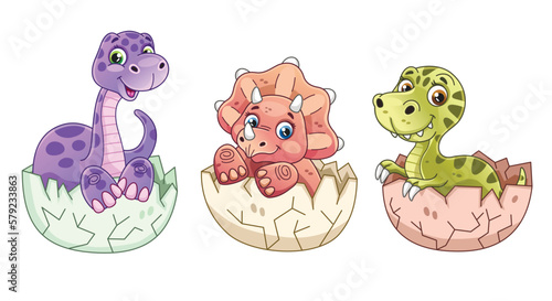 Set of cute doodle dinosaur. Smiling dino characters in shell. Colorful drawings for baby shower. Adorable newborn prehistoric creatures. Cartoon flat vector collection isolated on white background