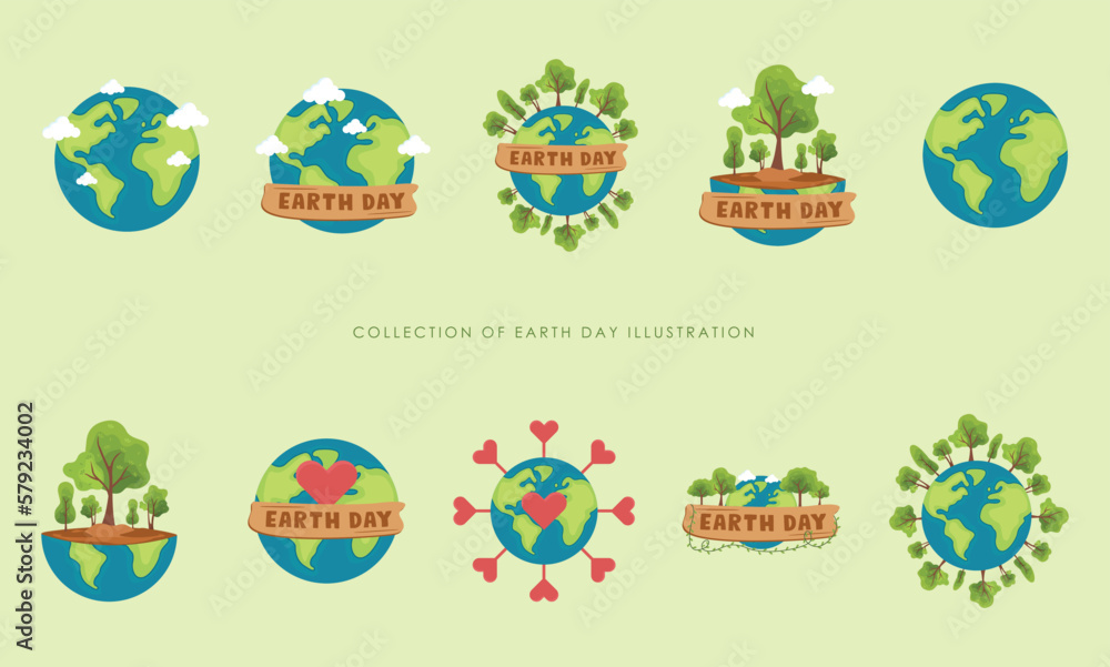 Set of earth day greeting. Cute cartoon earth vector illustration. Mother earth day flat vector save the earth Set of earth day greeting. Cute cartoon earth vector illustration. Mother earth day flat vector save the earth