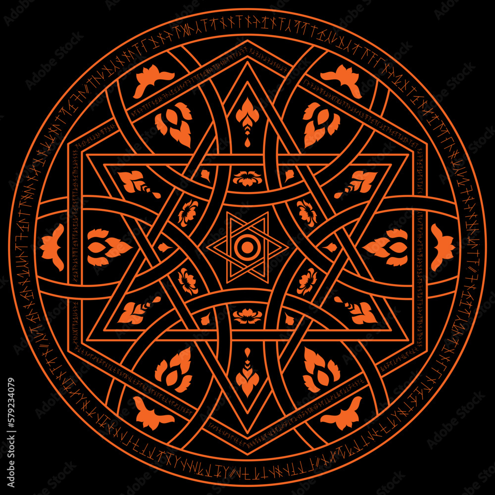 Orange magic incantation circle with cross over hexagon and circle which contains fantasy alphabets spell (named Fotonth) Orange magic incantation circle with cross over hexagon and circle which contains fantasy alphabets spell (named Fotonth)