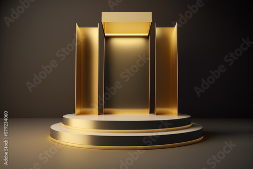 Realistic 3D cylinder with a luxury and golden podium for product display. Created with Generative AI Technology