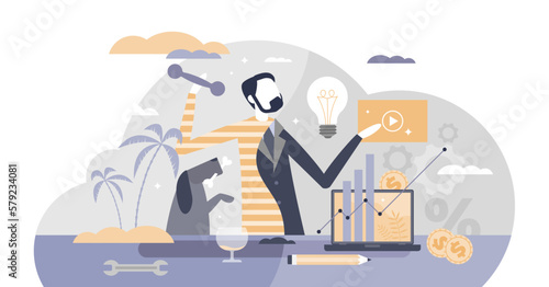 Work life balance with male career and entertainment choice tiny person concept, transparent background. Businessman priorities management with money and free time spending.
