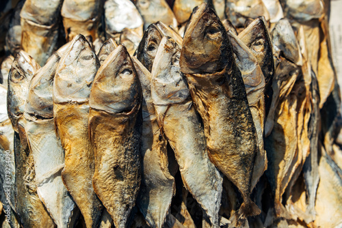 Sun dried mackerel in a food market. Popular food and snack in Asia