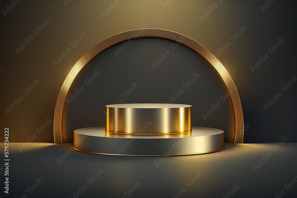 Realistic 3D cylinder with a luxury and golden podium for product display. Created with Generative AI Technology Realistic 3D cylinder with a luxury and golden podium for product display. Created with Generative AI Technology