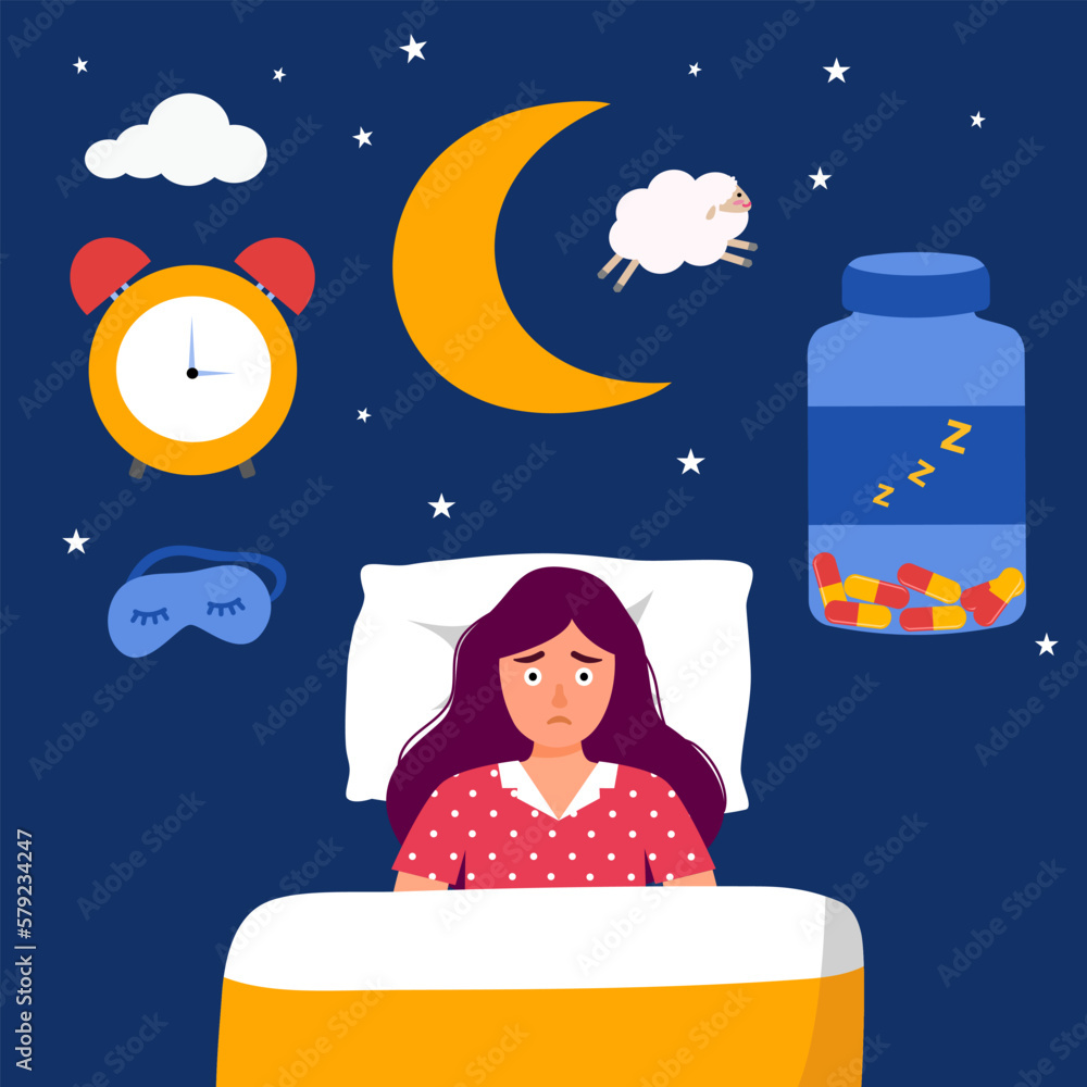 Sleepless woman suffering from insomnia. Lady with open eyes in