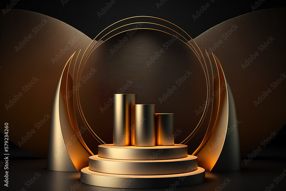 Realistic 3D cylinder with a luxury and golden podium for product display. Created with Generative AI Technology Realistic 3D cylinder with a luxury and golden podium for product display. Created with Generative AI Technology