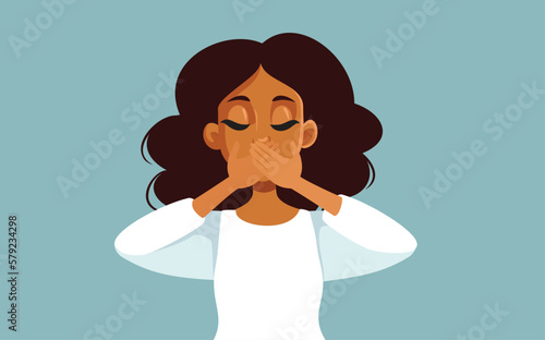 Woman Keeping Quiet Covering her Mouth Vector Concept Illustration. Stressed girl protecting secrets feeling unable to talk
