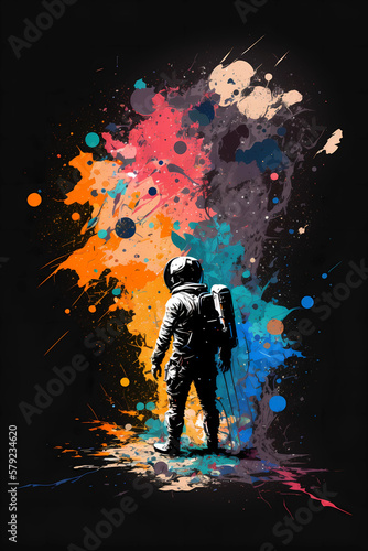 Embarking on a Cosmic Adventure: Astronaut Soaring Against a Bold Color Splash Background, AI-Generated Art © Mohammad