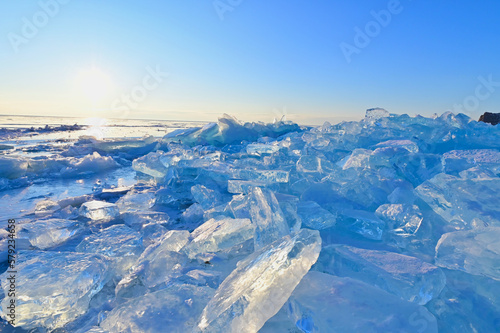 Pile of Ice Formations Near Cape Khoboy at Frozen Lake Baikal in Winter