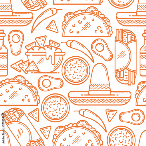 Mexican food vector with lettering. Mexican tacos, burritos, nachos, avocado, chili. Mexican Kitchen. It can be used for the restaurant, cafeteria of Mexican food. Green food background