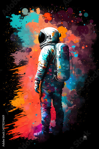 Embarking on a Cosmic Adventure: Astronaut Soaring Against a Bold Color Splash Background, AI-Generated Art
