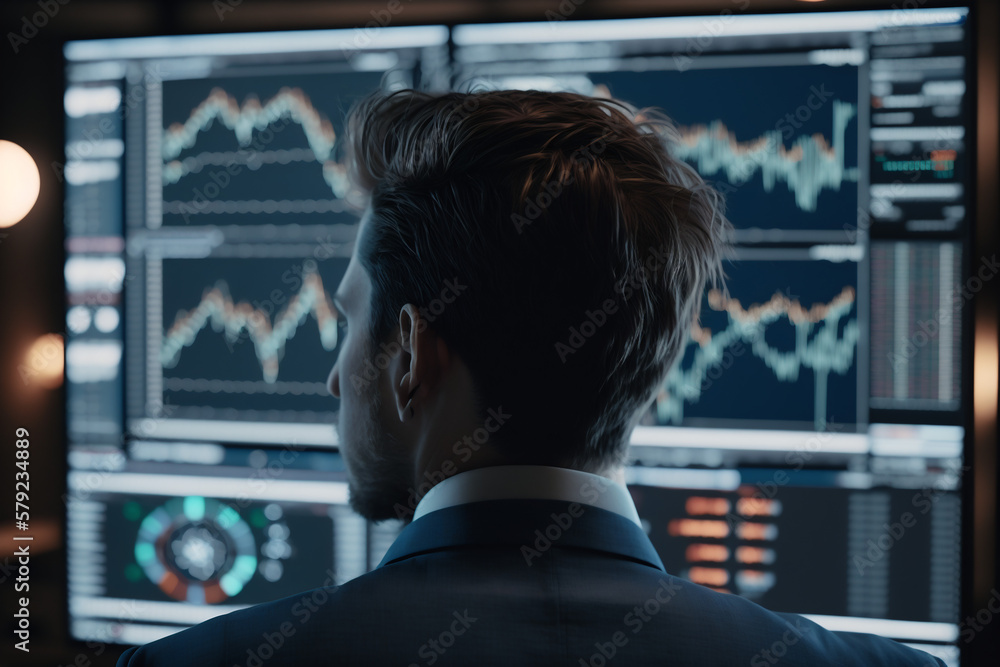 Fototapeta premium Broker in front of a screen with stock charts. Generative AI