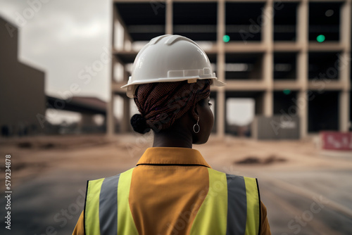 Engineer woman looking at a building under construction. Generative AI © Dantaz