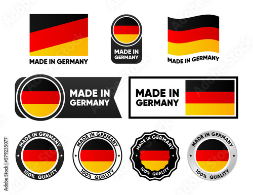 Made in Germany label collection. Set of flat isolated stamp made in Germany. 100 percent quality. Quality assurance concept. Vector illustration.