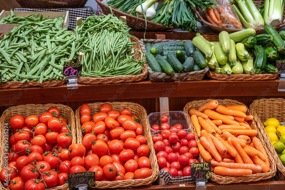 Tomatoes, beans and other vegetables for sale at a market