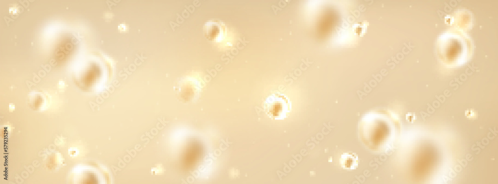 Background of water with oil bubbles, liquid collagen or serum. Skin care cosmetic product texture, clear essence or transparent gel with gold bubbles, vector realistic illustration