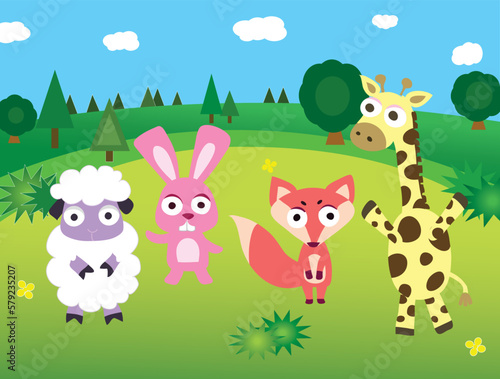 Animals in the forest, rabbit, fox, giraffe, sheep