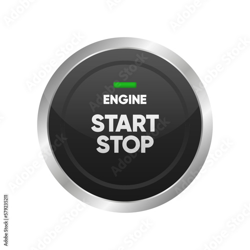 Engine start stop button. Car dashboard element. Press the button to start the car. Realistic button. Vector illustration.
