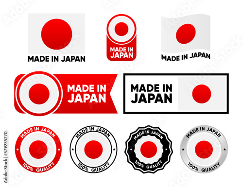 Made in Japan label collection. Set of flat isolated stamp made in Japan. 100 percent quality. Quality assurance concept. Vector illustration.