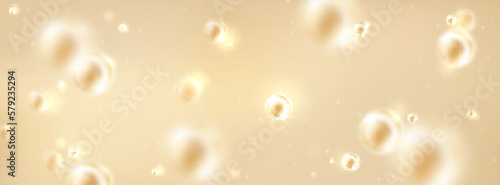 Background of water with oil bubbles, liquid collagen or serum. Skin care cosmetic product texture, clear essence or transparent gel with gold bubbles, vector realistic illustration