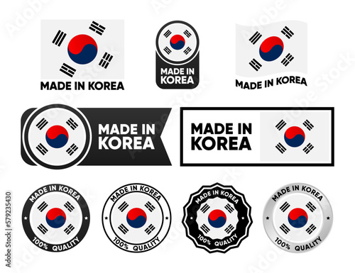 Made in Korea label collection. Set of flat isolated stamp made in Korea. 100 percent quality. Quality assurance concept. Vector illustration.