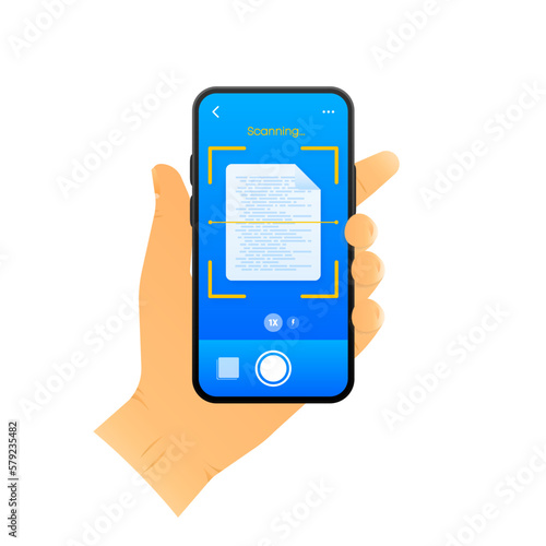 Document scanner in smartphone. Phone interface template. Digital scanner. Scanning text. Mobile app page design layout. Vector illustration.