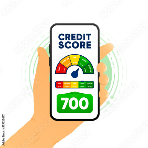 Credit score in smartphone. Finance history. Business report concept. Excellent, good, fair, uncertain and poor level scale. Credit rating. Vector illustration.