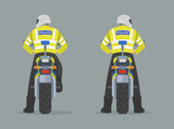 Isolated european motorcycle patrol officer looks right and left. Back view of a traffic police officer on motorbike. Flat vector illustration template.  