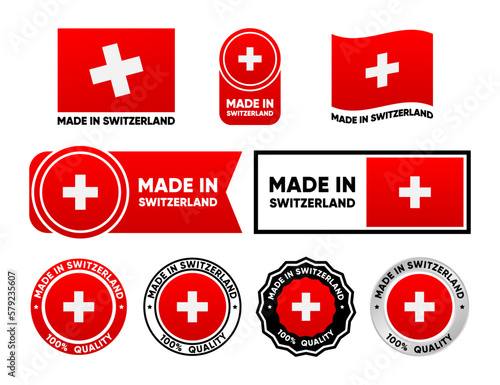 Made in Switzerland label collection. Set of flat isolated stamp made in Switzerland. 100 percent quality. Quality assurance concept. Vector illustration.