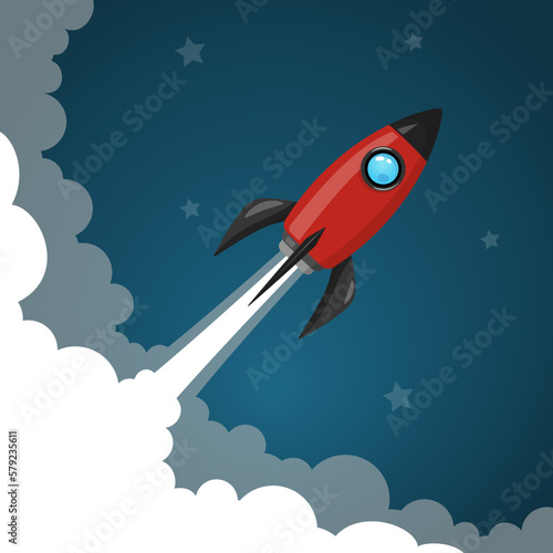 space rocket launch to the night sky, stars and clouds on background.