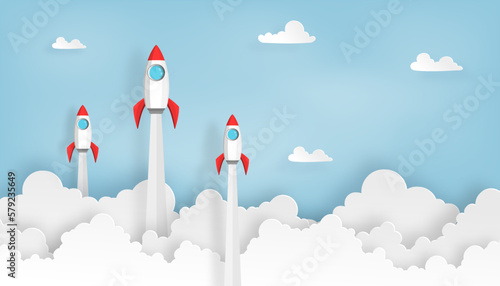 paper art of space rocket launch to the sky in startup concept of business or project. vector illustrator