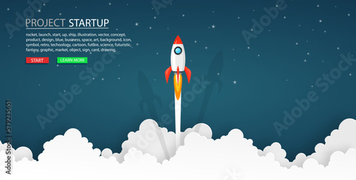 rockets launch into the night sky with text ,label, stars and clouds on background. business or startup concept