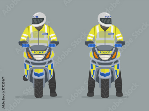 Isolated european motorcycle patrol officer looks right and left. Front view of a traffic police officer on motorbike. Stopping and standing. Flat vector illustration template.  