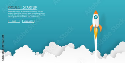 rockets launch into the night sky with text ,label, stars and clouds on green background. business or startup concept