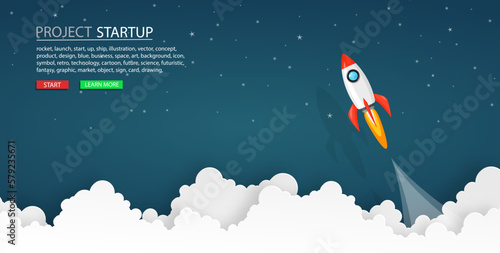 rockets launch into the night sky with text ,label, stars and clouds on background. business or startup concept