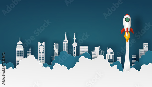 spaceship or rocket launch into the sky over buildings in city scape view on night sky background and stars. Vector paper art in black dark and blue tone with shadow.