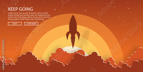 rockets launch into the night sky with text ,label, stars and clouds on background. business or startup concept