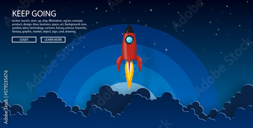 rockets launch into the night sky with text ,label, stars and clouds on background. business or startup concept