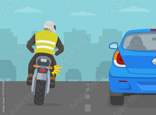 Motorcycle rider is trying to overtake the car from the left side. Back view. Flat vector illustration template.