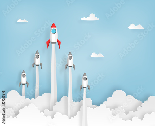 paper art of space rocket launch to the sky in startup concept of business or project. vector illustrator
