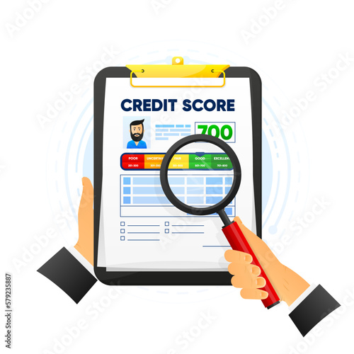 Credit score report in clipboard. Finance history. Business report concept. Credit rating. Vector illustration.