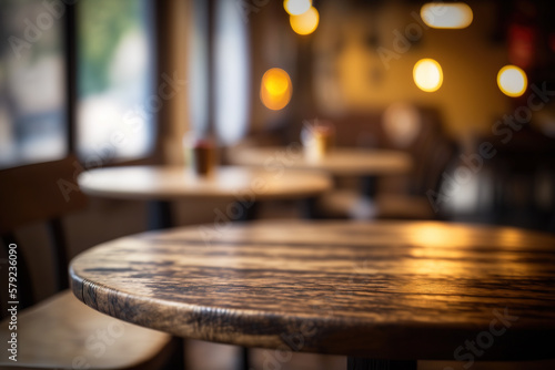 Wooden table in front of abstract blurred coffee shop background. Created with Generative AI Technology © dewaai
