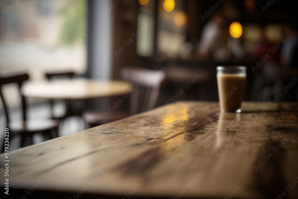 Wooden table in front of abstract blurred coffee shop background. Created with Generative AI Technology